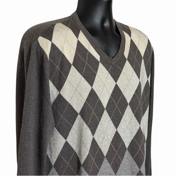 MENS BANANA REPUBLIC ARGYLE SWEATER GRANDPA DAD GRAY SILK CASHMERE BLEND SIZE XL - Picture 2 of 7